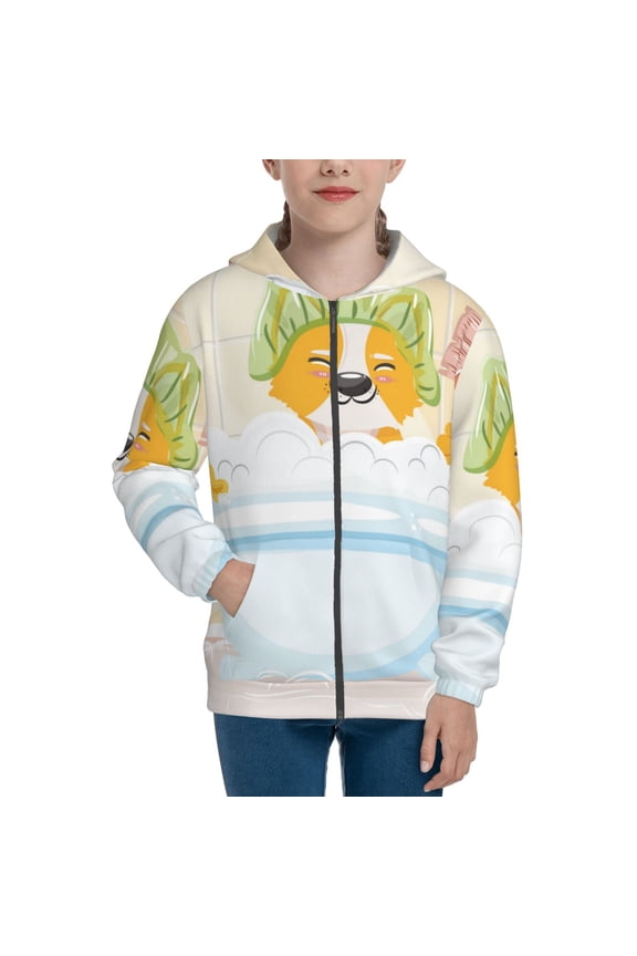 Corgi In The Shower Cap Bathing Pattern Zip Up Hoodies for Boys Girls, Sweatshirt with Pockets-Small