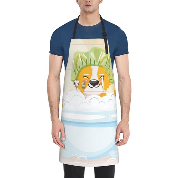 Xecao Corgi In The Shower Cap Bathing Print Kitchen Cooking Aprons, Waterproof Adjustable Bib Aprons with 2 Pockets for Women Men Chef