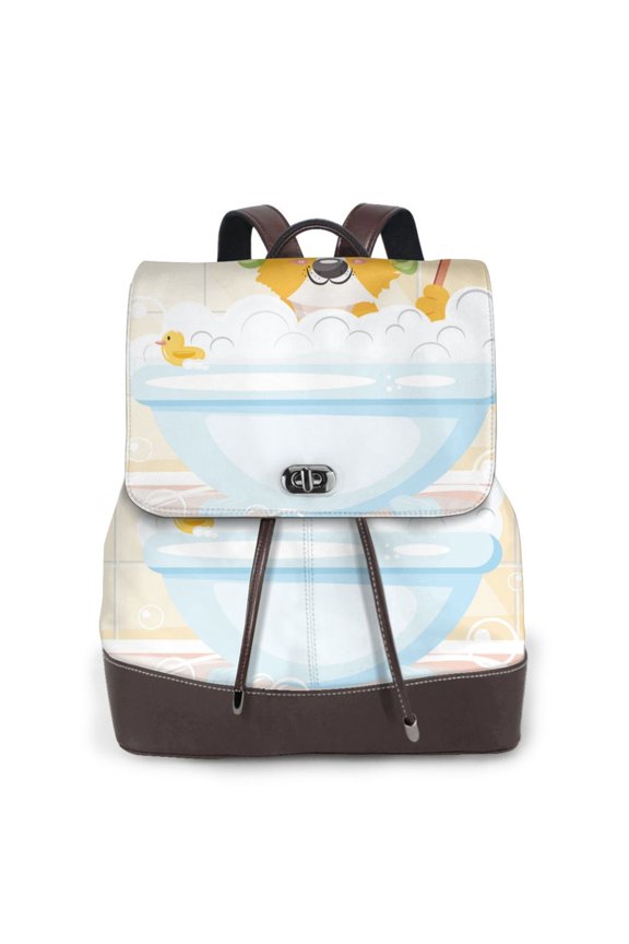 Corgi In The Shower Cap Bathing Print Large Backpack Soft Leather for Women Travel with Compartment, Adjustable Convertible Strap