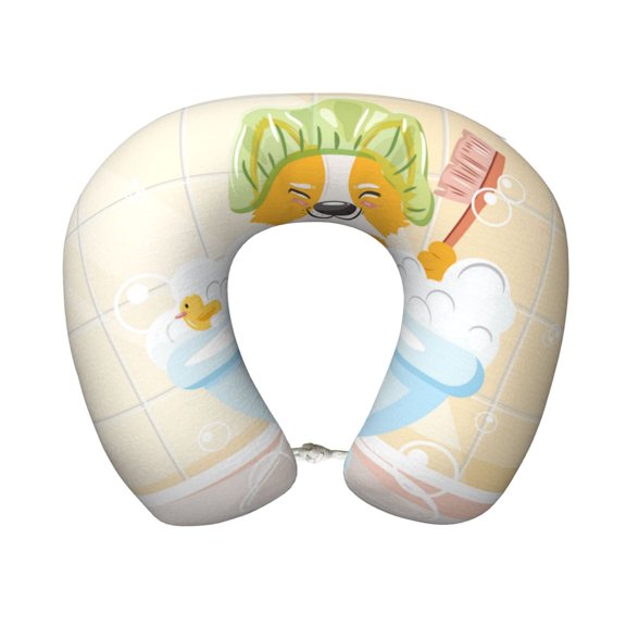 Xecao Corgi In The Shower Cap Bathing Print Memory Foam Cervical Neck Pillow Versatile U-Shaped Pillows for Home,Office,Camping,Travelling,Soft Washable Cover