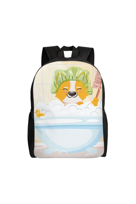 Corgi In The Shower Cap Bathing Print School Backpack with Laptop Compartment Small Travel Laptop Backpack for Women Men Waterproof College Backpack Simple School Bag