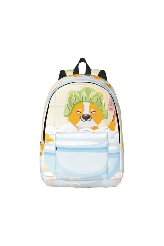 Corgi In The Shower Cap Bathing for Canvas College Laptop Backpack, Durable Rucksack Travel Notebook Bag School Backpack Book Bag for Men Women