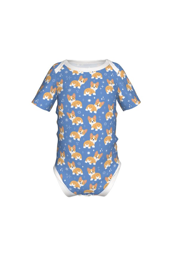 Corgi Pattern Baby Climbing Bodysuit Short Sleeve Onesie Unisex 0-12 Months Baby Shirt Newborn Outfits Crotch snap design-