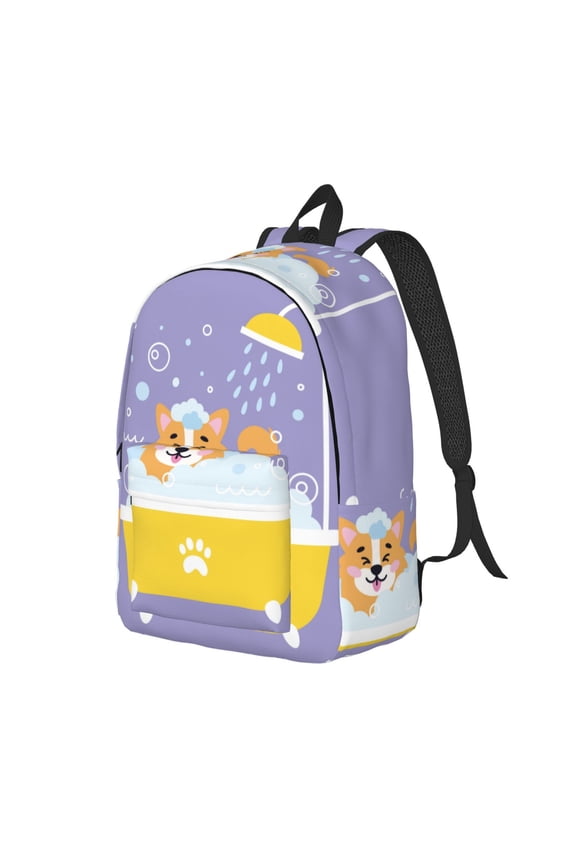 Corgi Washing in Bathtub Canvas College Laptop Backpack, a durable rucksack designed for both men and women, ideal for travel, school, and daily use-Small
