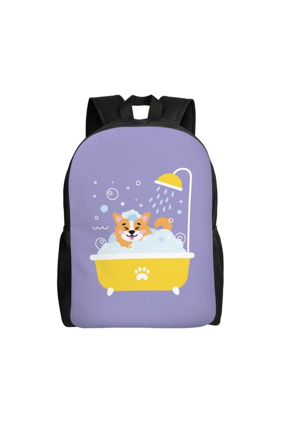 Corgi Washing in Bathtub Print School Backpack with Laptop Compartment Small Travel Laptop Backpack for Women Men Waterproof College Backpack Simple School Bag