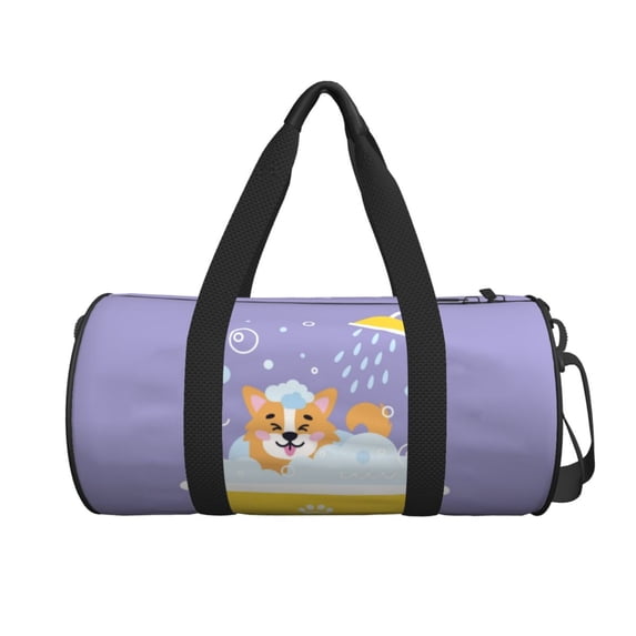 Xecao Corgi Washing in Bathtub print Round Travel Duffel Bag is a foldable gym bag with an inner pocket, perfect for travel sports