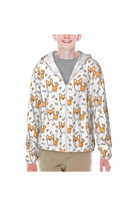 Corgi with Hearts Print Fishing Shirts for teenager Long Sleeve UV Sun Protection Hoodie with Zipper Outdoor Hiking Shirts-Small