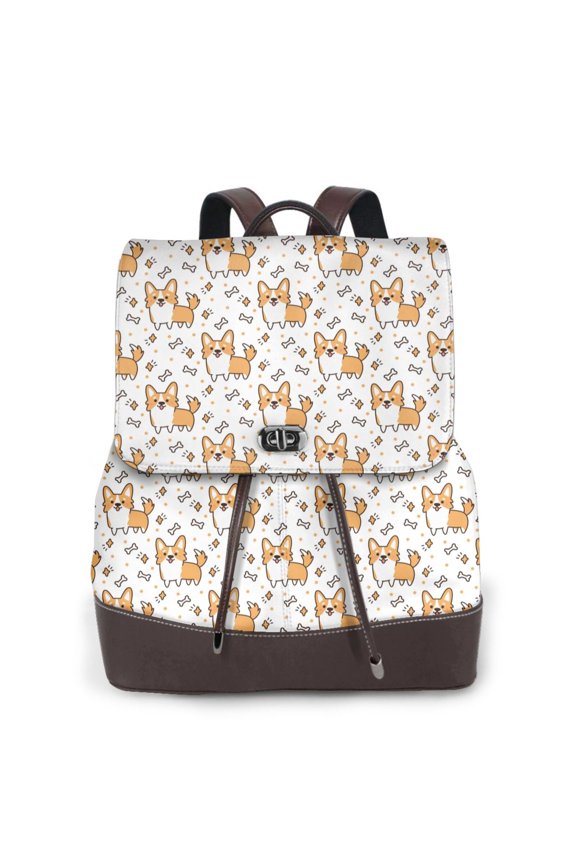 Corgi with Hearts Print Large Backpack Soft Leather for Women Travel with Compartment, Adjustable Convertible Strap