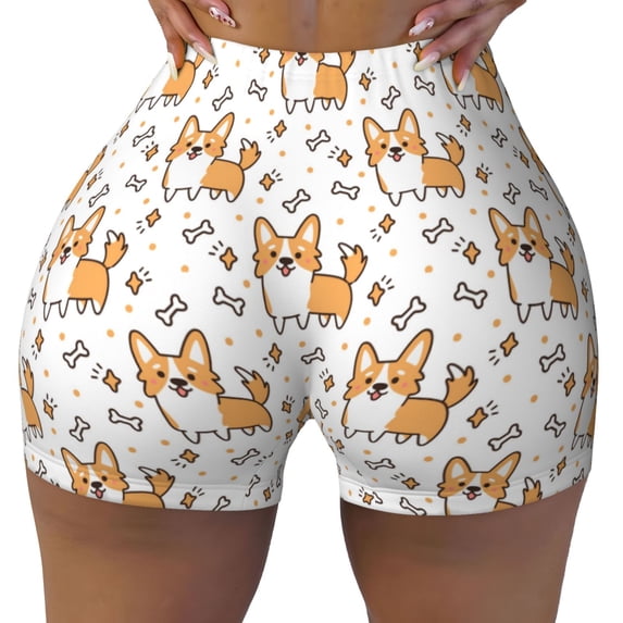 Xecao Corgi with Hearts Print Workout Shorts for Women Soft Smooth Gym Yoga Scrunch Active Tennis Workout Running Shorts