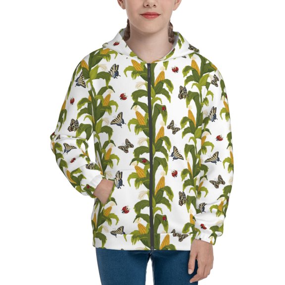 Xecao Corn And Butterflies Pattern Zip Up Hoodies for Boys Girls, Sweatshirt with Pockets-Medium