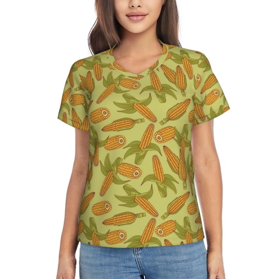 Xecao Corn for Women's V-Neck T-Shirts-Elegant Half-Sleeve Tops Perfect for Summer-X-Large
