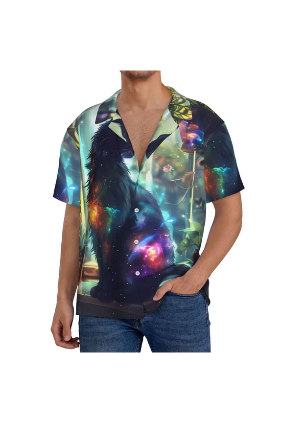 Cosmic Cat In Window Men's Casual Short-sleeved Shirt, a button-up collared shirt with a pocket-Small