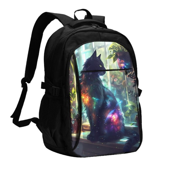 Xecao Cosmic Cat In Window for Travel Laptop Backpack, USB-Charging-Enabled, Spacious Business Backpack for Men and Women,College School Computer Bag