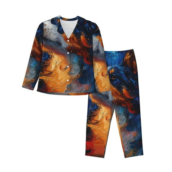 Xecao Cosmic Dog Starry Night Print Women Pajamas Set Soft Sleepwear Pjs long Sleeve Button Down Nightwear with Long Pants