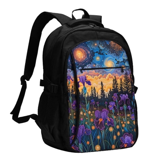 Xecao Cosmic Irises At Twilight for Travel Laptop Backpack, USB-Charging-Enabled, Spacious Business Backpack for Men and Women,College School Computer Bag