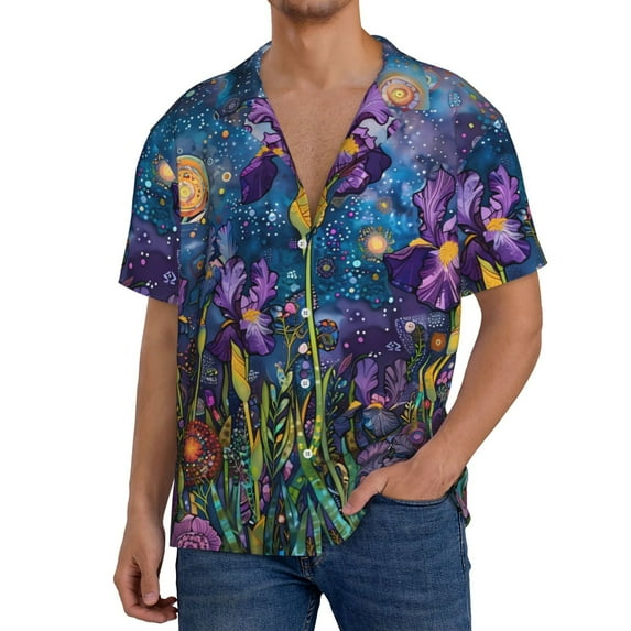 Xecao Cosmic Purple Irises Men's Casual Short-sleeved Shirt, a button-up collared shirt with a pocket-Small