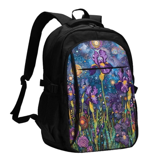 Xecao Cosmic Purple Irises for Travel Laptop Backpack, USB-Charging-Enabled, Spacious Business Backpack for Men and Women,College School Computer Bag