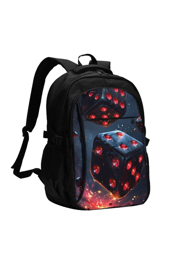 Cosmic Red Sparkle Dice for Travel Laptop Backpack, USB-Charging-Enabled, Spacious Business Backpack for Men and Women,College School Computer Bag