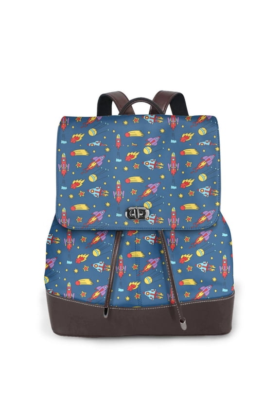 Cosmos Rockets Print Large Backpack Soft Leather for Women Travel with Compartment, Adjustable Convertible Strap