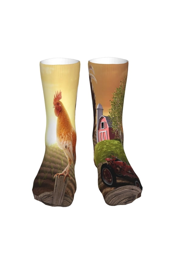 Country Farm Morning Rooster Print Fashion No Heel Casual Crew Socks Cushioned Breathable for Men Women - Moisture wicking,Not easy to fade Suitable for daily