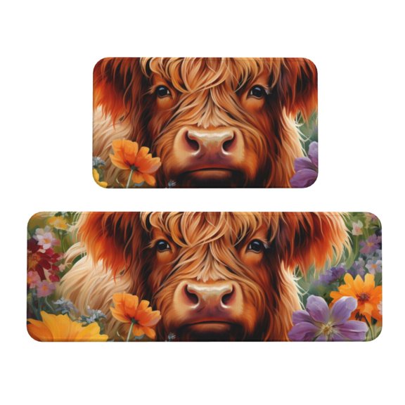 Xecao Countryside Colorful Floral Cow Patten Kitchen Rugs and Mats Sets,2 Pieces Non-Slip Washable Rugs, Kitchen Mat for Floor,Suit for Kitchen Decor and Accessories