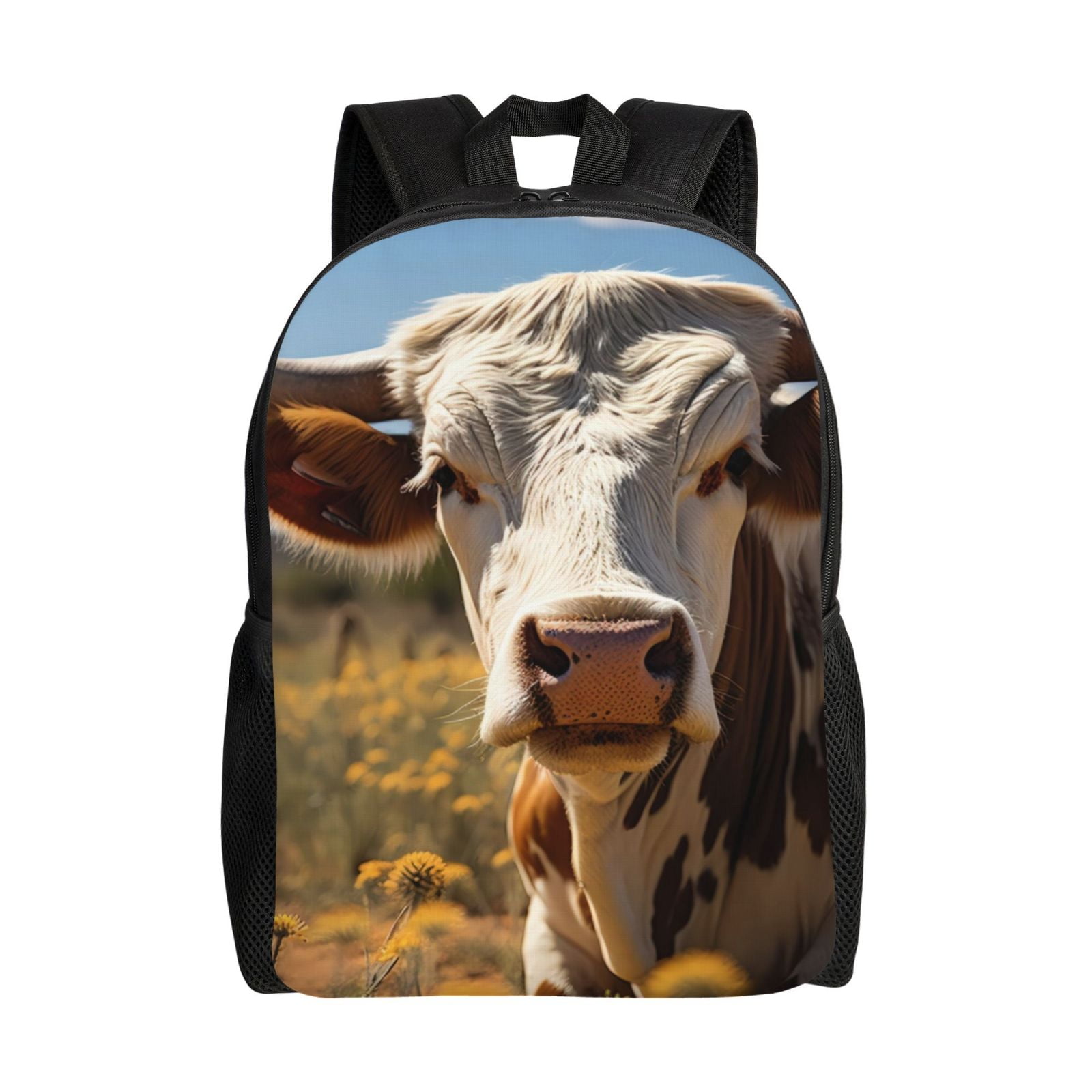 Xecao Countryside Flower Cow Print School Backpack with Laptop Compartment Small Travel Laptop Backpack for Women Men Waterproof College Backpack Simple School Bag
