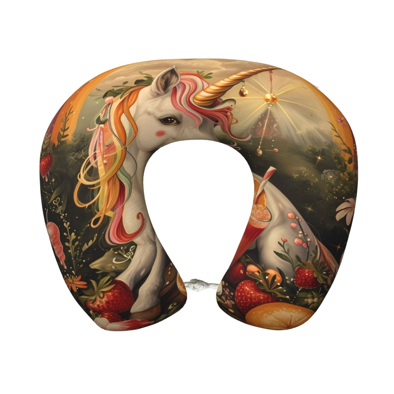 Xecao Countryside Fruit White Horse Print Memory Foam Cervical Neck Pillow Versatile U-Shaped Pillows for Home,Office,Camping,Travelling,Soft Washable Cover