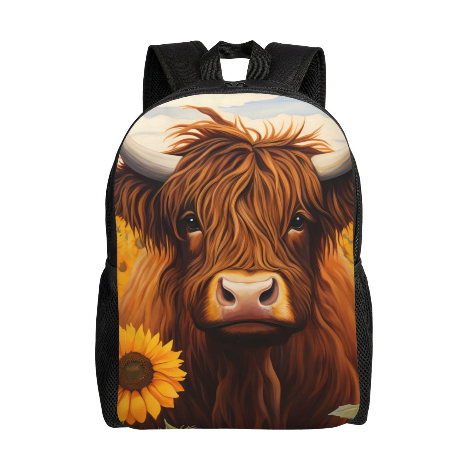 Xecao Countryside Sunflower Cow Print School Backpack with Laptop Compartment Small Travel Laptop Backpack for Women Men Waterproof College Backpack Simple School Bag