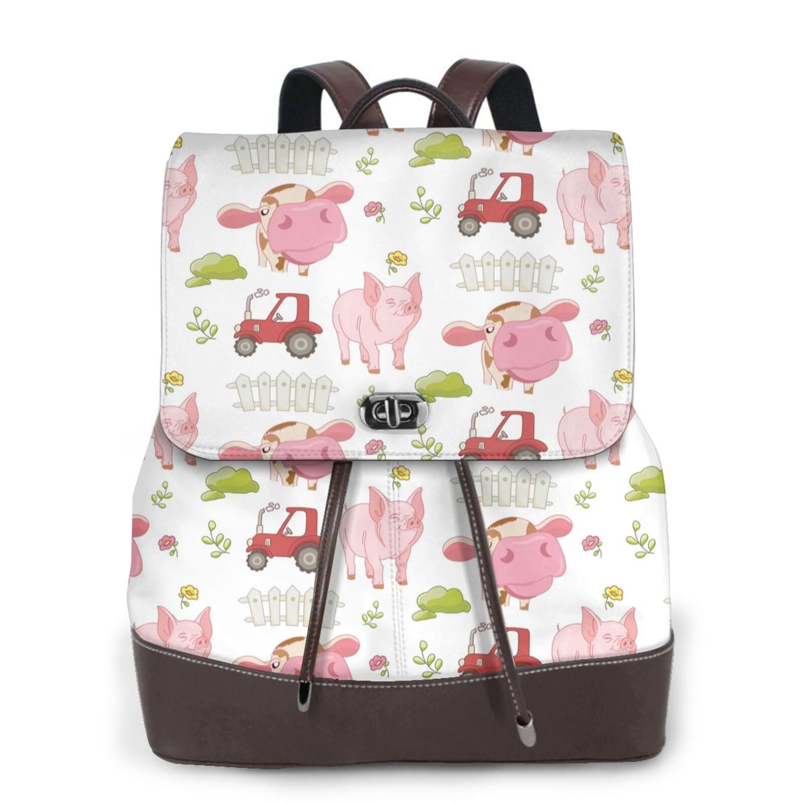 Xecao Cow And Pig Print Large Backpack Soft Leather for Women Travel with Compartment, Adjustable Convertible Strap
