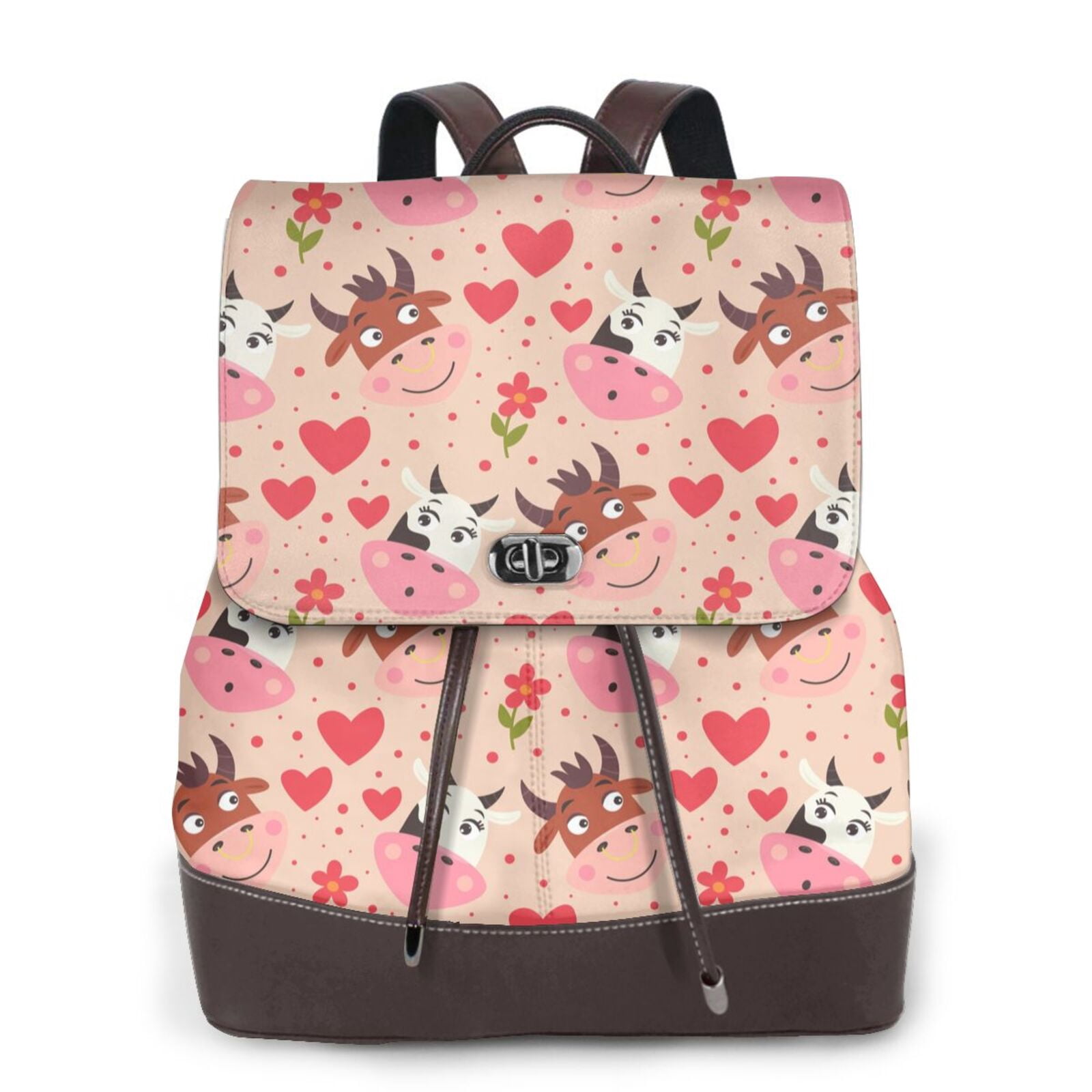 Xecao Cow Flower And Heart Print Large Backpack Soft Leather for Women Travel with Compartment, Adjustable Convertible Strap