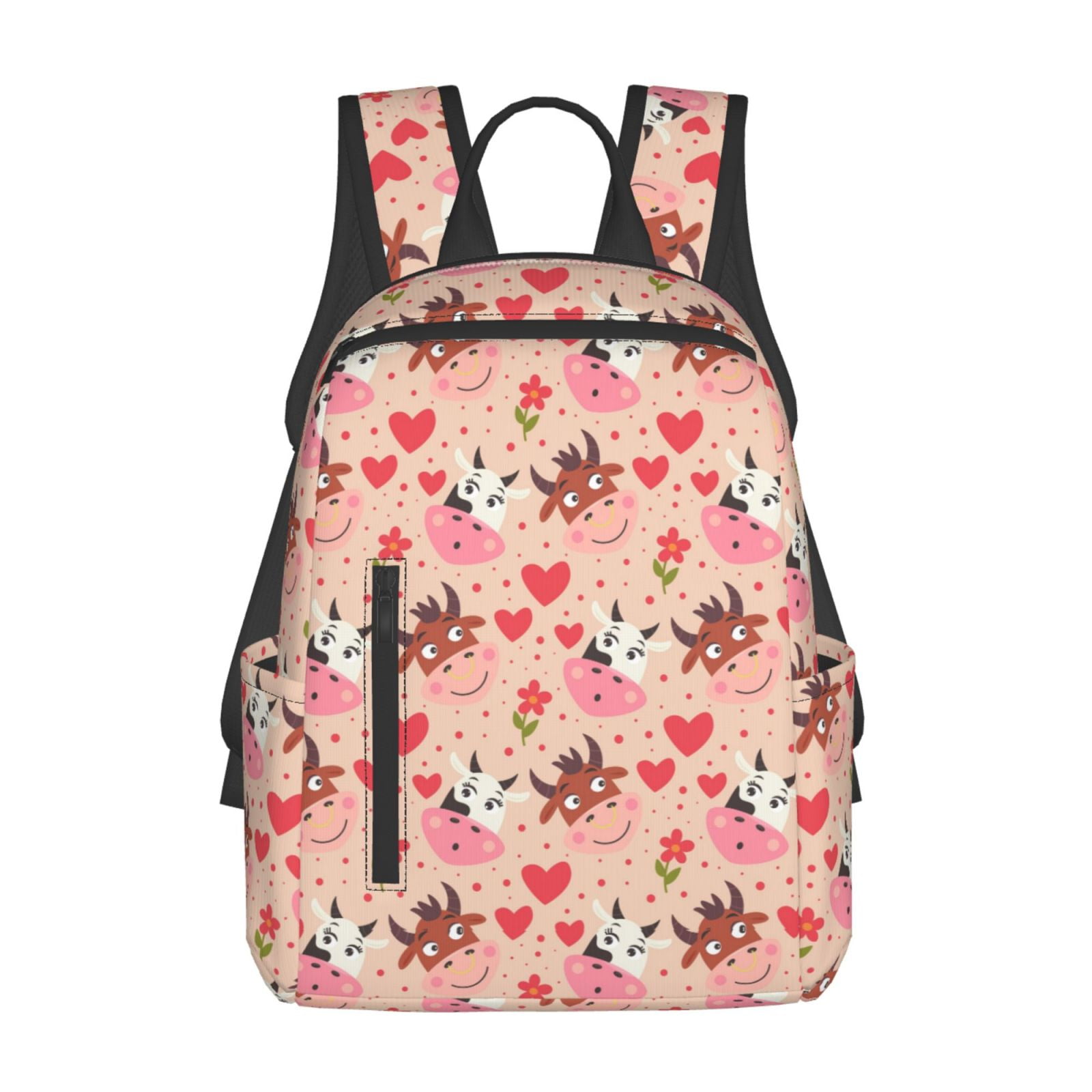 Xecao Cow Flower And Heart print Backpack For women men Aesthetic Lightweight Travel Daypack Simple Cute Backpack For Bookbag