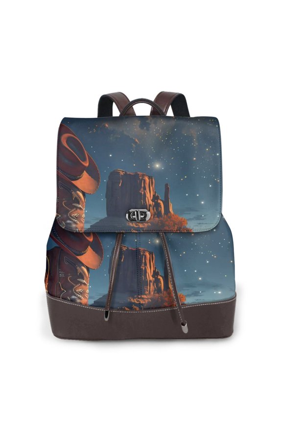 Cowboy Boots Under Starry Sky Print Large Backpack Soft Leather for Women Travel with Compartment, Adjustable Convertible Strap