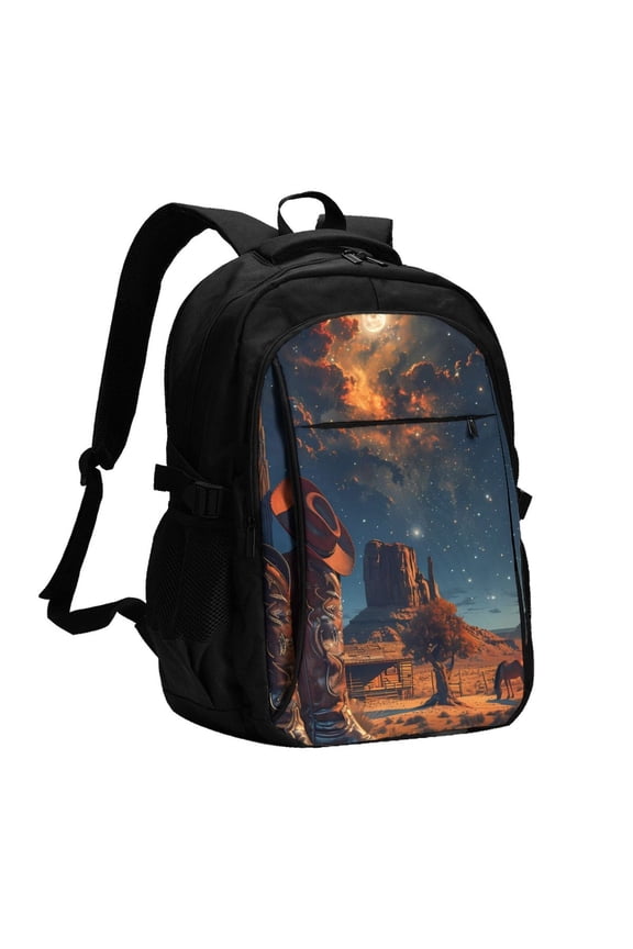 Cowboy Boots Under Starry Sky for Travel Laptop Backpack, USB-Charging-Enabled, Spacious Business Backpack for Men and Women,College School Computer Bag