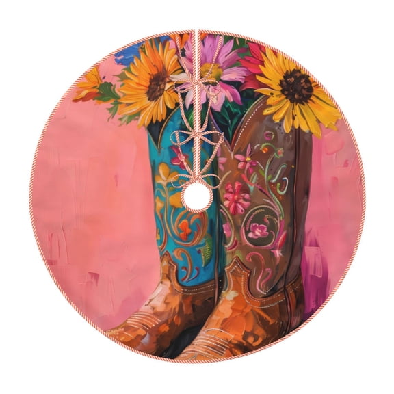Xecao Cowboy Boots With Flowers Pattern Christmas Tree Skirt Holiday Part Decorations for Christmas Tree, Farmhouse Christmas Decor Xmas Holiday Home Party Decorations-30"