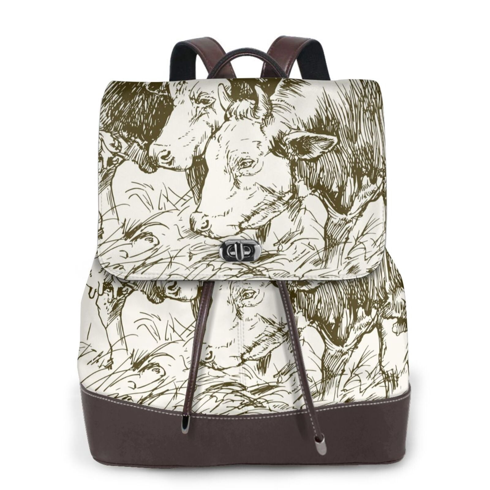 Xecao Cows Grazing On Meadow 1 Print Large Backpack Soft Leather for Women Travel with Compartment, Adjustable Convertible Strap