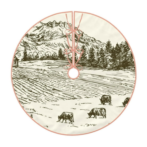 Xecao Cows Grazing On Meadow Pattern Christmas Tree Skirt Round Xmas Tree Mat Base Cover for Holiday Home Decorations-36"