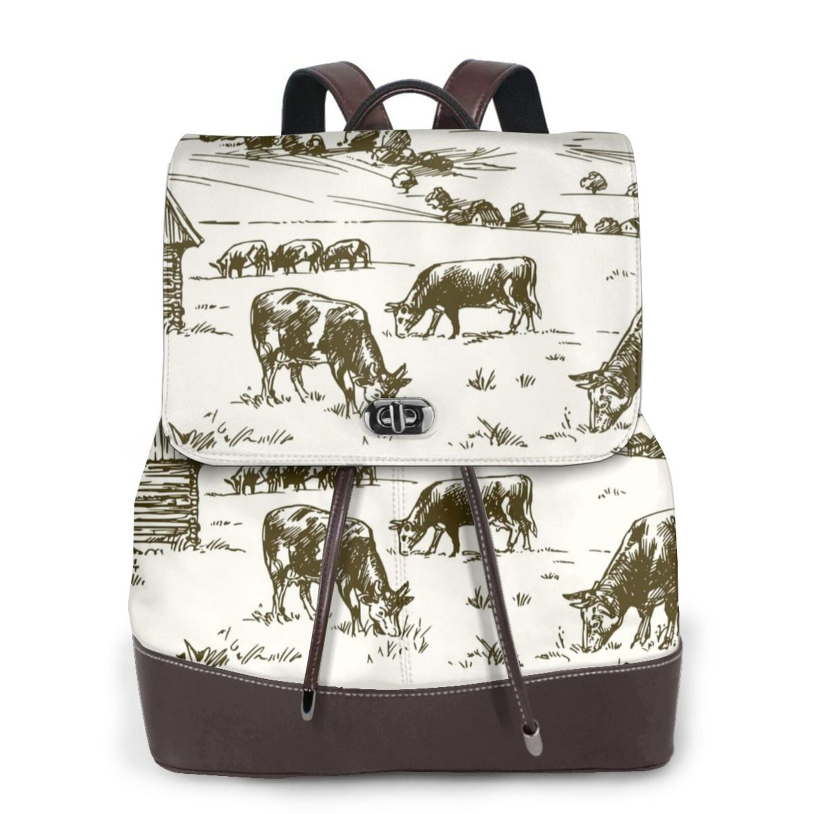 Xecao Cows Grazing On The Meadow 1 Print Large Backpack Soft Leather for Women Travel with Compartment, Adjustable Convertible Strap