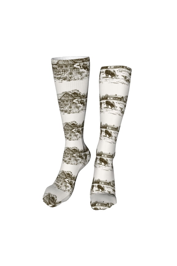 Cows Grazing On The Meadow Print Calf Socks Seamless Toe, Knee High Long Socks, Sports Socks Trouser Socks for Women and Men-One Size