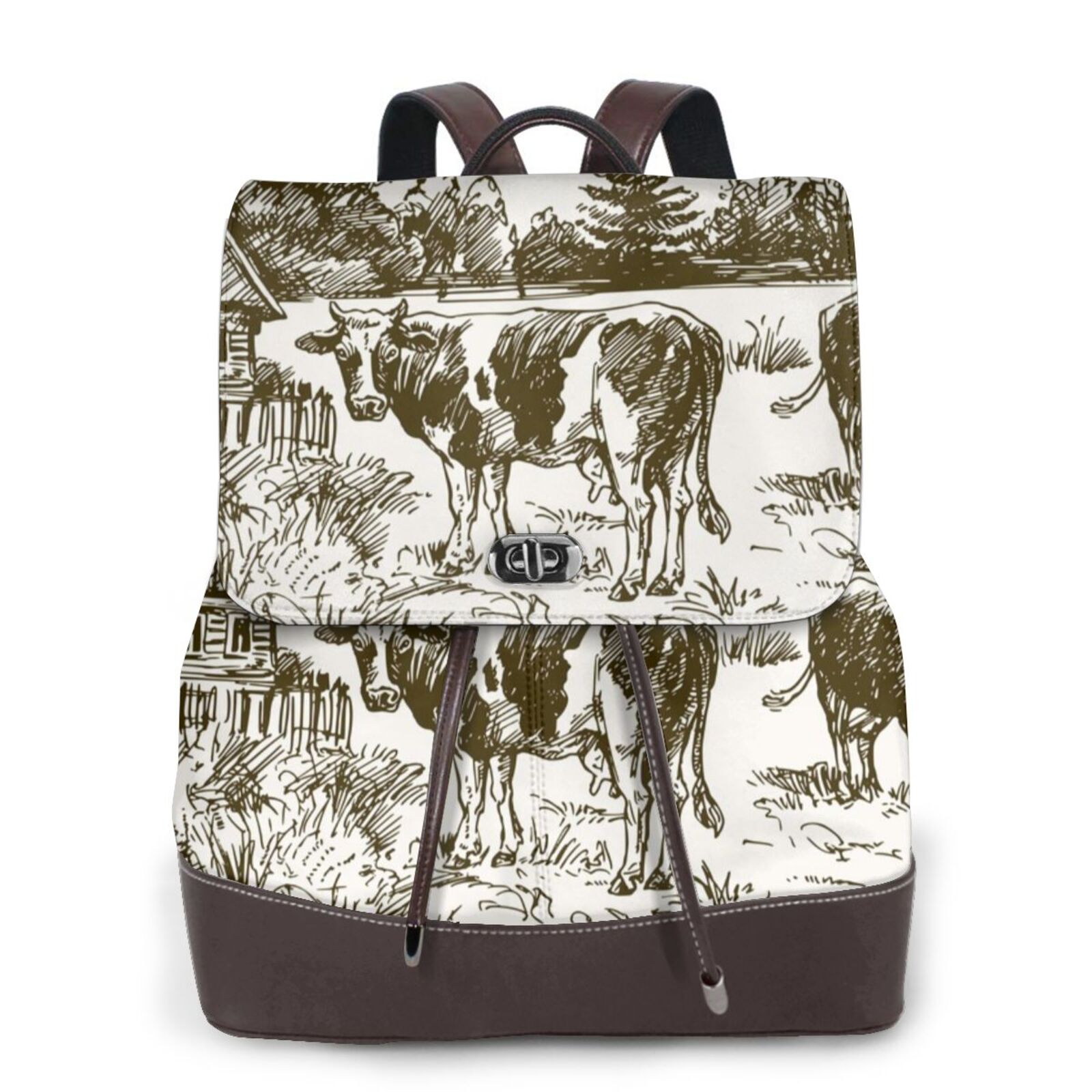 Xecao Cows Grazing On The Meadow Print Large Backpack Soft Leather for Women Travel with Compartment, Adjustable Convertible Strap