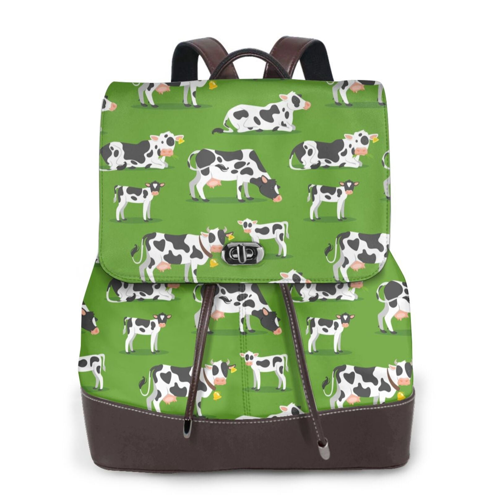 Xecao Cows With Calfs Green Print Large Backpack Soft Leather for Women Travel with Compartment, Adjustable Convertible Strap