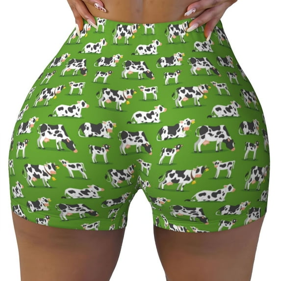 Xecao Cows With Calfs Green Print Workout Shorts for Women Soft Smooth Gym Yoga Scrunch Active Tennis Workout Running Shorts