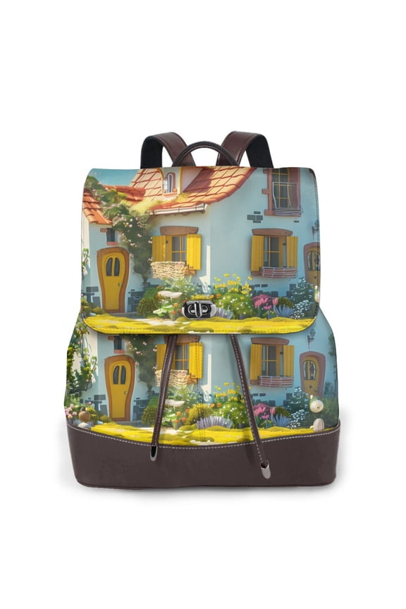 Cozy Cartoon Backyard Print Large Backpack Soft Leather for Women Travel with Compartment, Adjustable Convertible Strap