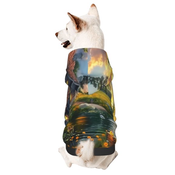Xecao Cozy Cottage Lakeside Sunset Pattern Sweatshirts Winter Pet Dog Hoodie Puppy Coat Dog Sweaters Dog Clothes with Hat Dog Clothes Costume Outfit,Small Pets Wear-Large