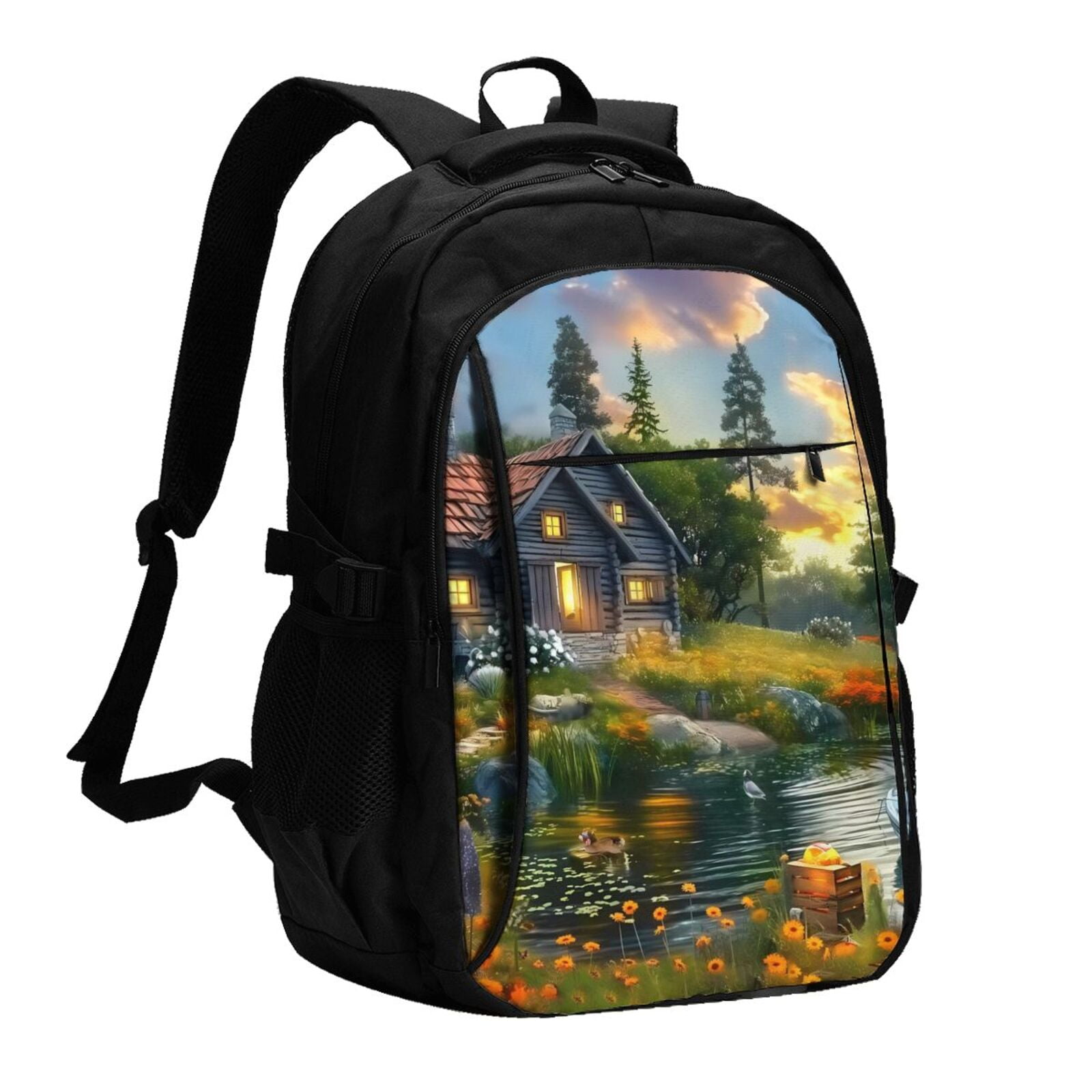 Xecao Cozy Cottage Lakeside Sunset for Travel Laptop Backpack, USB ...