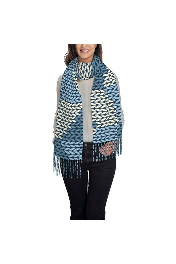 Cozy Knitted Blue Chevron Pattern Womens Winter Scarf Fall Scarf Oversized Large Scarf for Women Warm Shawl Wrap