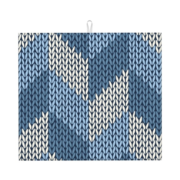 Xecao Cozy Knitted Blue Chevron Print Dish Drying Mat for Kitchen Counter,Absorbent Coffee Bar Mat, Dish Drainer Rack Mats,Dining Room Decoration