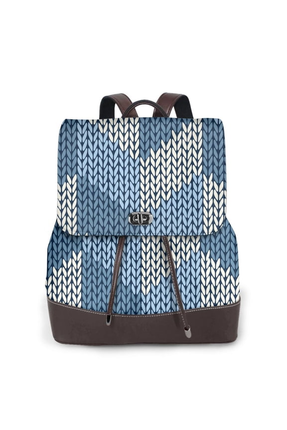 Cozy Knitted Blue Chevron Print Large Backpack Soft Leather for Women Travel with Compartment, Adjustable Convertible Strap