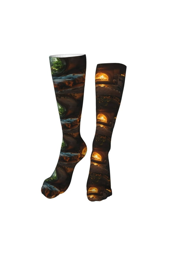 Cozy Tree Hole Cabin Print Calf Socks Seamless Toe, Knee High Long Socks, Sports Socks Trouser Socks for Women and Men-One Size