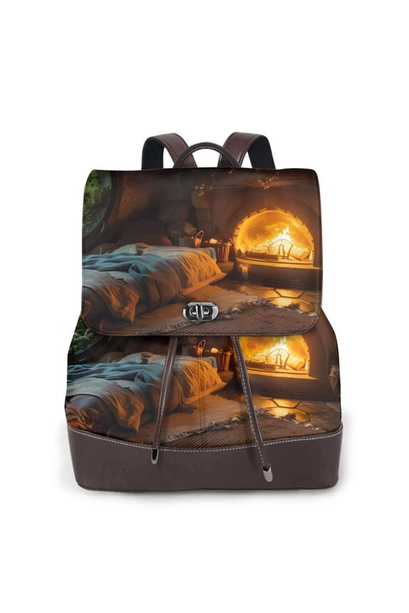 Cozy Tree Hole Cabin Print Large Backpack Soft Leather for Women Travel with Compartment, Adjustable Convertible Strap