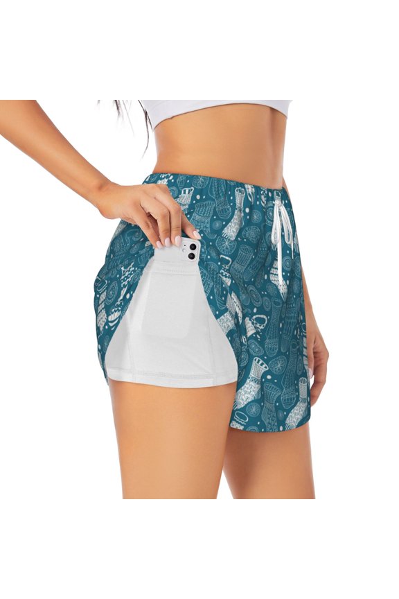 Cozy Winter Socks Pattern for Double-layer Running Short for Women, Perfect for Gym, Tennis, and More, Featuring a Convenient Pocket-X-Large